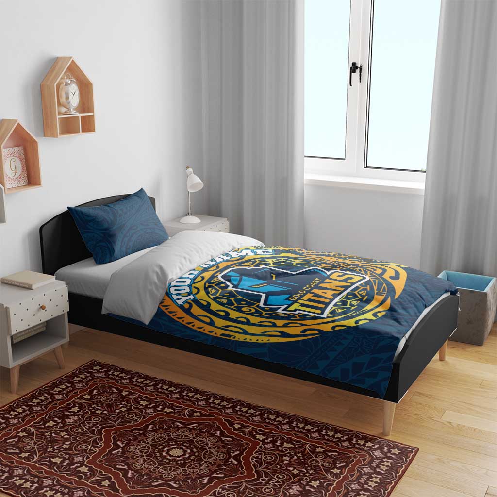 Personalized Gold Coast Titans Bedding Set Polynesian Tribal Chest and Sleeve Tattoo