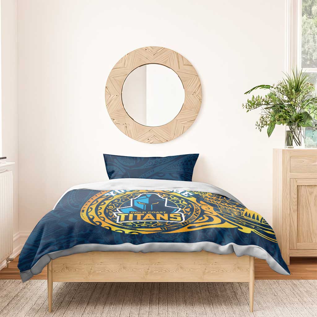 Personalized Gold Coast Titans Bedding Set Polynesian Tribal Chest and Sleeve Tattoo
