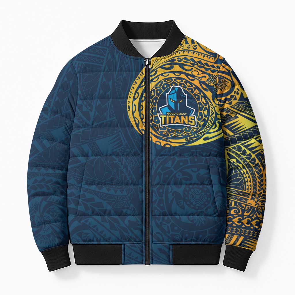 Personalized Gold Coast Titans Bomber Puffer Jacket Polynesian Tribal Chest and Sleeve Tattoo