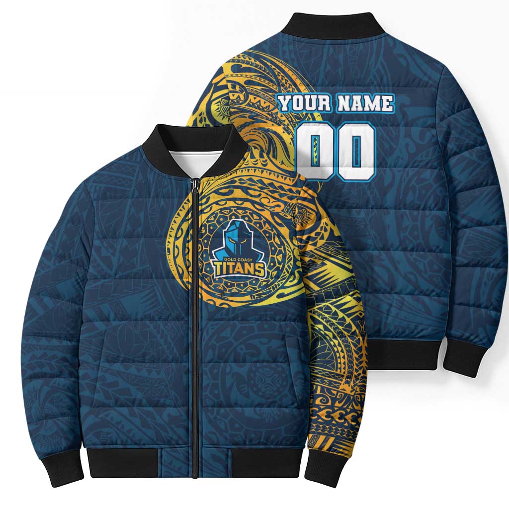 Personalized Gold Coast Titans Bomber Puffer Jacket Polynesian Tribal Chest and Sleeve Tattoo