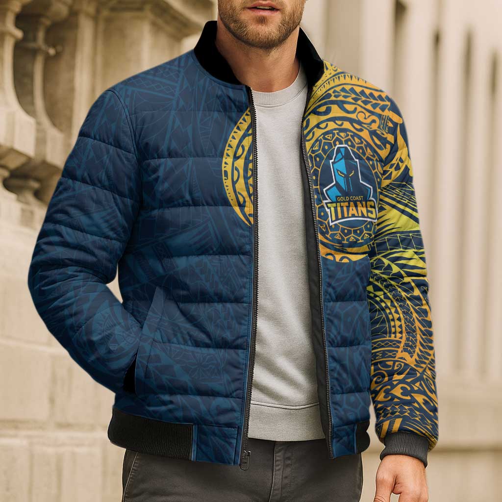 Personalized Gold Coast Titans Bomber Puffer Jacket Polynesian Tribal Chest and Sleeve Tattoo