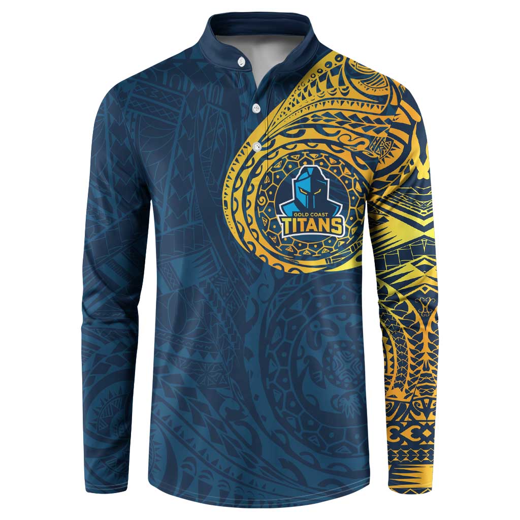 Personalized Gold Coast Titans Button Sweatshirt Polynesian Tribal Chest and Sleeve Tattoo