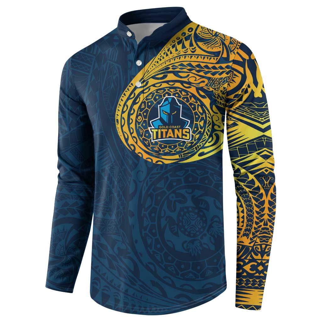 Personalized Gold Coast Titans Button Sweatshirt Polynesian Tribal Chest and Sleeve Tattoo