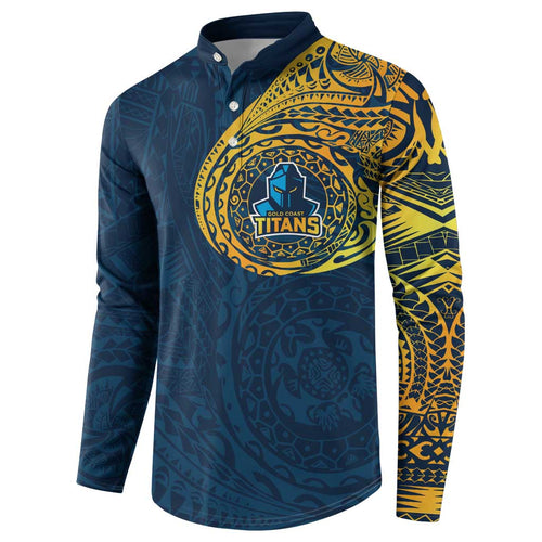 Personalized Gold Coast Titans Button Sweatshirt Polynesian Tribal Chest and Sleeve Tattoo