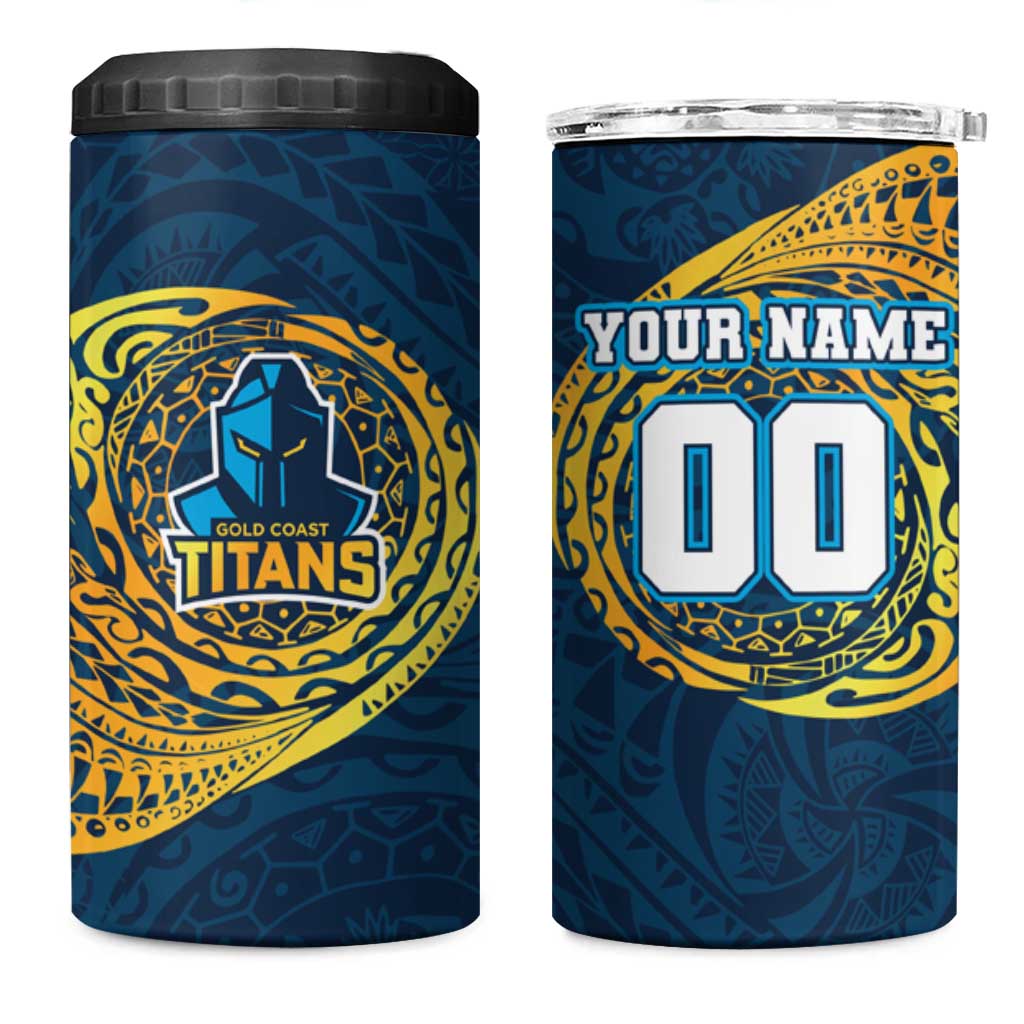 Personalized Gold Coast Titans 4 in 1 Can Cooler Tumbler Polynesian Tribal Chest and Sleeve Tattoo
