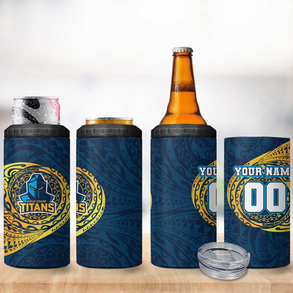 Personalized Gold Coast Titans 4 in 1 Can Cooler Tumbler Polynesian Tribal Chest and Sleeve Tattoo
