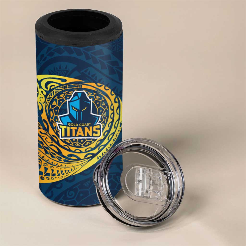 Personalized Gold Coast Titans 4 in 1 Can Cooler Tumbler Polynesian Tribal Chest and Sleeve Tattoo