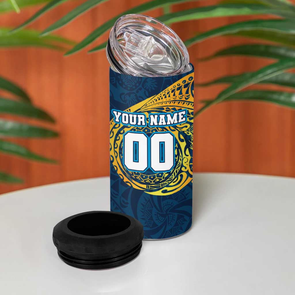 Personalized Gold Coast Titans 4 in 1 Can Cooler Tumbler Polynesian Tribal Chest and Sleeve Tattoo
