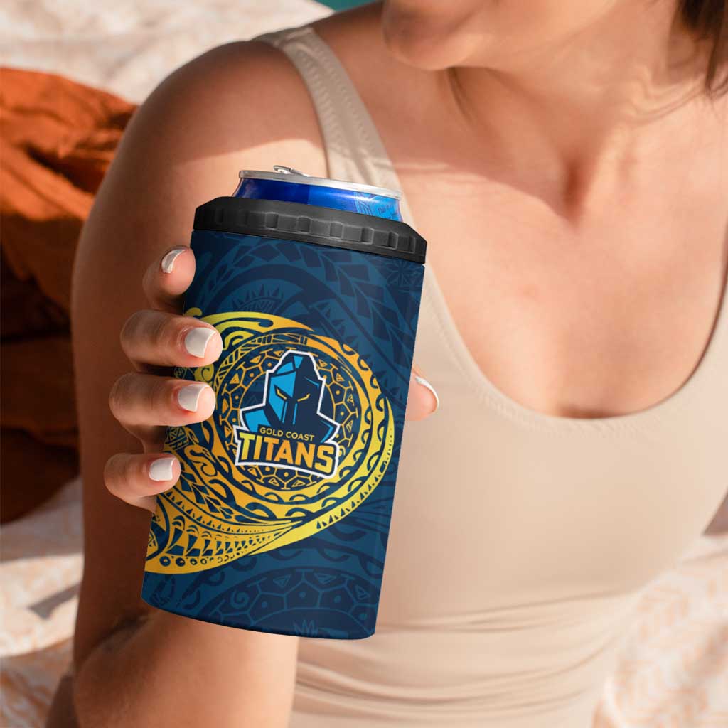 Personalized Gold Coast Titans 4 in 1 Can Cooler Tumbler Polynesian Tribal Chest and Sleeve Tattoo