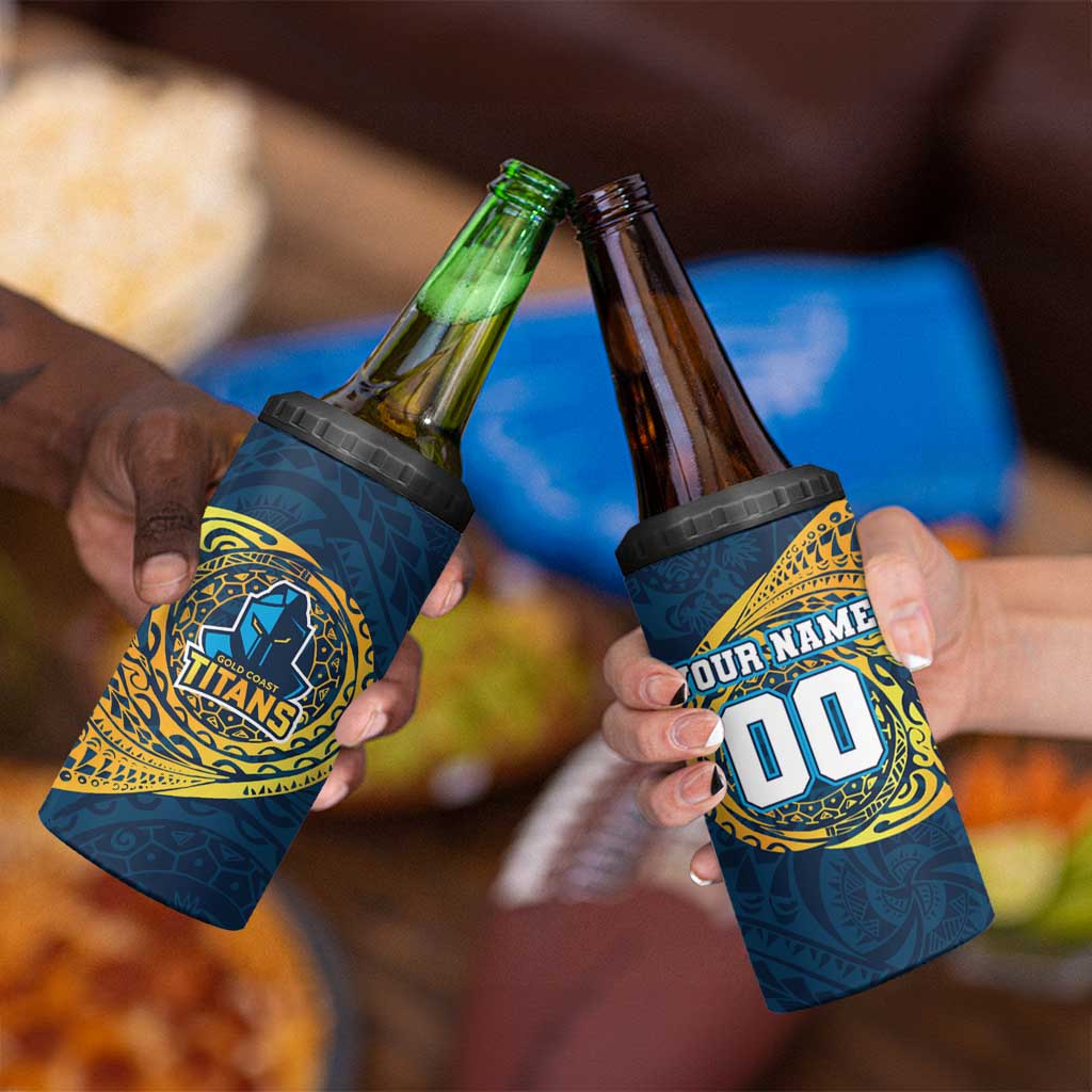 Personalized Gold Coast Titans 4 in 1 Can Cooler Tumbler Polynesian Tribal Chest and Sleeve Tattoo