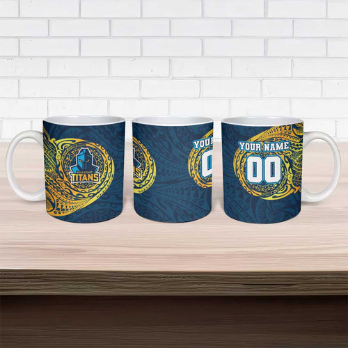 Personalized Gold Coast Titans Ceramic Mug Polynesian Tribal Chest and Sleeve Tattoo