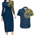 Personalized Gold Coast Titans Couples Matching Long Sleeve Bodycon Dress and Hawaiian Shirt Polynesian Tribal Chest and Sleeve Tattoo
