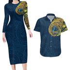 Personalized Gold Coast Titans Couples Matching Long Sleeve Bodycon Dress and Hawaiian Shirt Polynesian Tribal Chest and Sleeve Tattoo