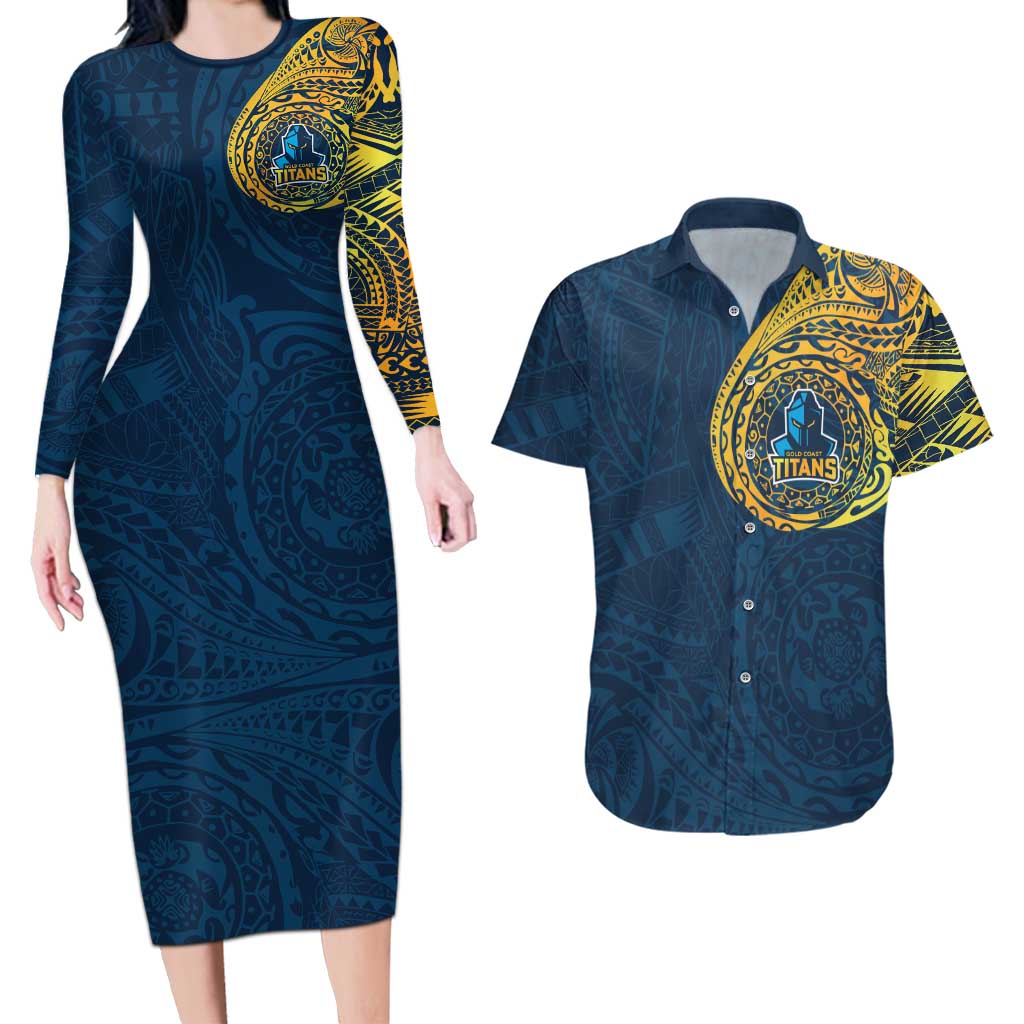 Personalized Gold Coast Titans Couples Matching Long Sleeve Bodycon Dress and Hawaiian Shirt Polynesian Tribal Chest and Sleeve Tattoo