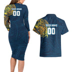 Personalized Gold Coast Titans Couples Matching Long Sleeve Bodycon Dress and Hawaiian Shirt Polynesian Tribal Chest and Sleeve Tattoo