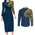Personalized Gold Coast Titans Couples Matching Long Sleeve Bodycon Dress and Long Sleeve Button Shirt Polynesian Tribal Chest and Sleeve Tattoo