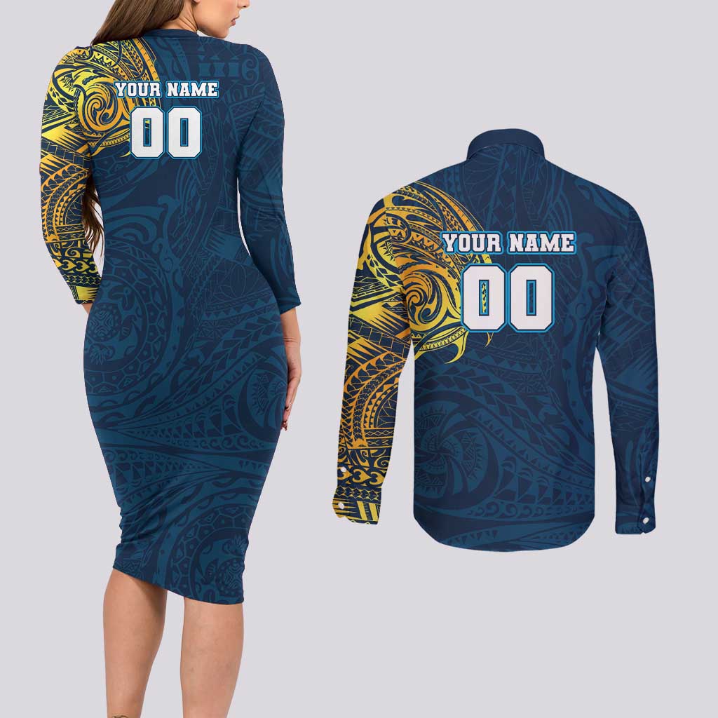 Personalized Gold Coast Titans Couples Matching Long Sleeve Bodycon Dress and Long Sleeve Button Shirt Polynesian Tribal Chest and Sleeve Tattoo