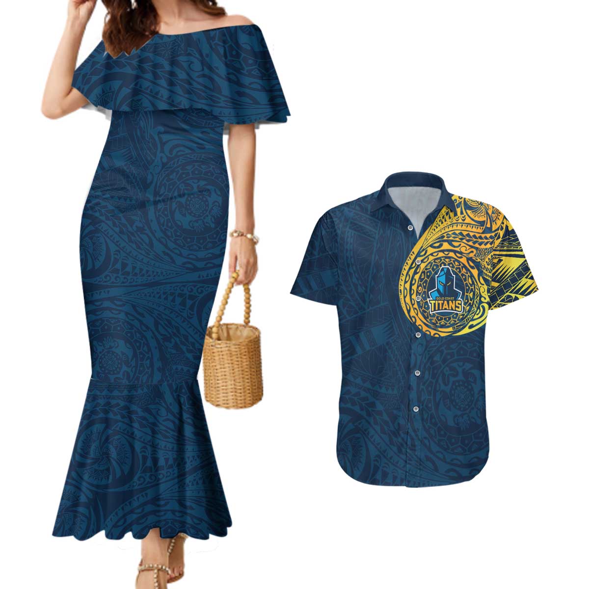 Personalized Gold Coast Titans Couples Matching Mermaid Dress and Hawaiian Shirt Polynesian Tribal Chest and Sleeve Tattoo