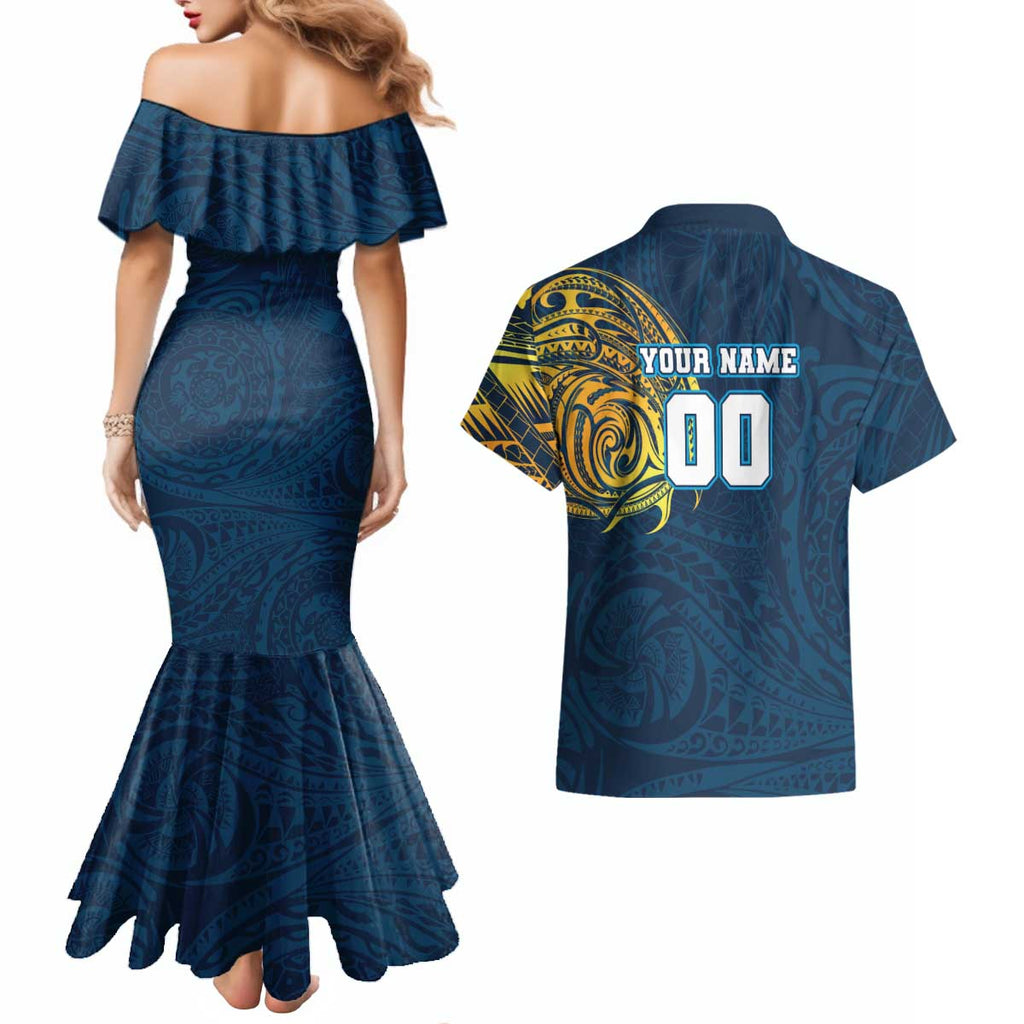 Personalized Gold Coast Titans Couples Matching Mermaid Dress and Hawaiian Shirt Polynesian Tribal Chest and Sleeve Tattoo