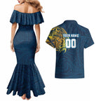 Personalized Gold Coast Titans Couples Matching Mermaid Dress and Hawaiian Shirt Polynesian Tribal Chest and Sleeve Tattoo