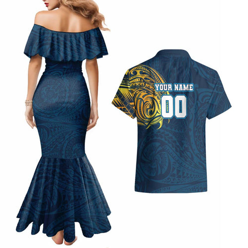 Personalized Gold Coast Titans Couples Matching Mermaid Dress and Hawaiian Shirt Polynesian Tribal Chest and Sleeve Tattoo