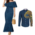 Personalized Gold Coast Titans Couples Matching Mermaid Dress and Long Sleeve Button Shirt Polynesian Tribal Chest and Sleeve Tattoo