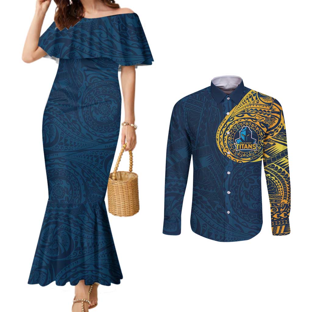 Personalized Gold Coast Titans Couples Matching Mermaid Dress and Long Sleeve Button Shirt Polynesian Tribal Chest and Sleeve Tattoo