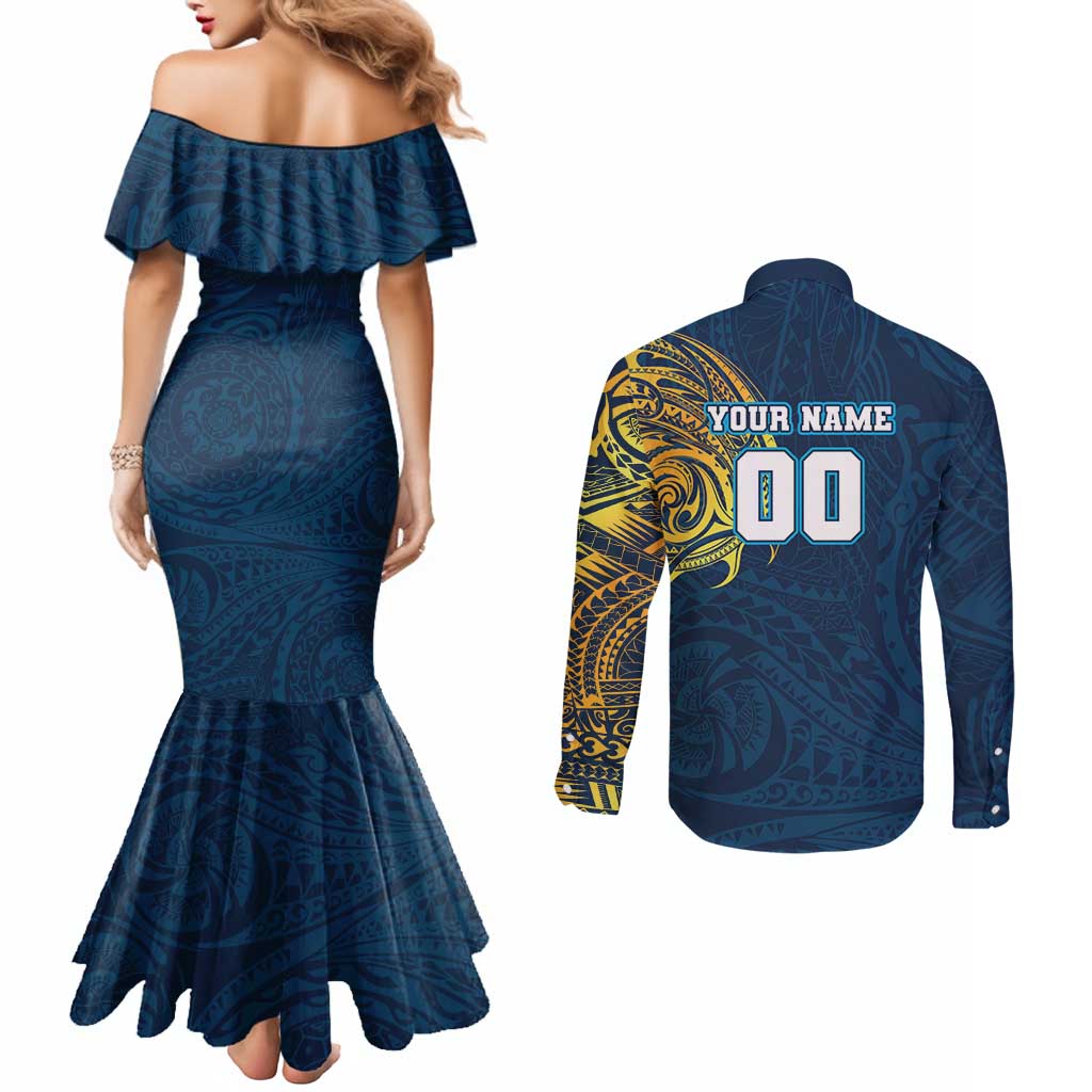 Personalized Gold Coast Titans Couples Matching Mermaid Dress and Long Sleeve Button Shirt Polynesian Tribal Chest and Sleeve Tattoo