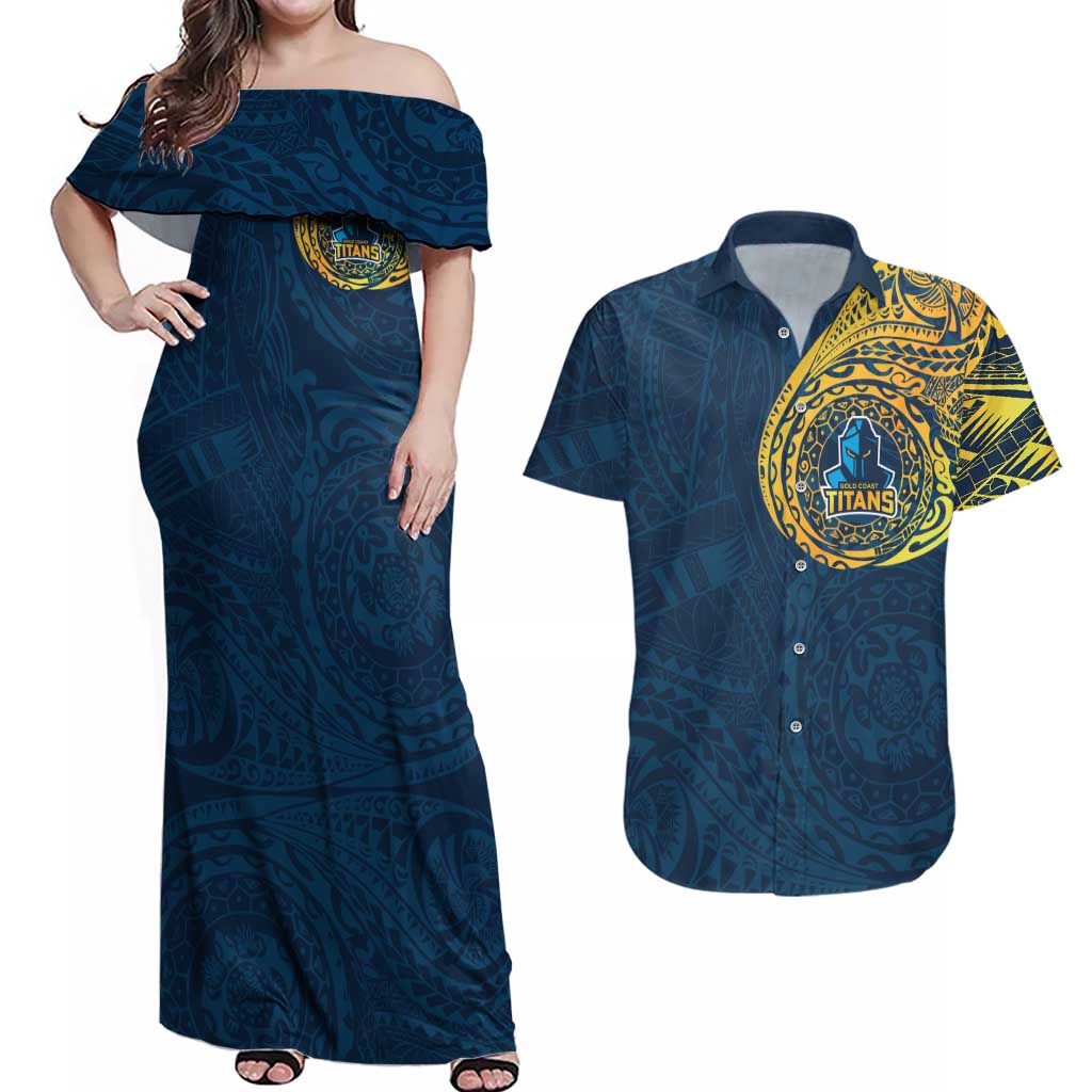 Personalized Gold Coast Titans Couples Matching Off Shoulder Maxi Dress and Hawaiian Shirt Polynesian Tribal Chest and Sleeve Tattoo