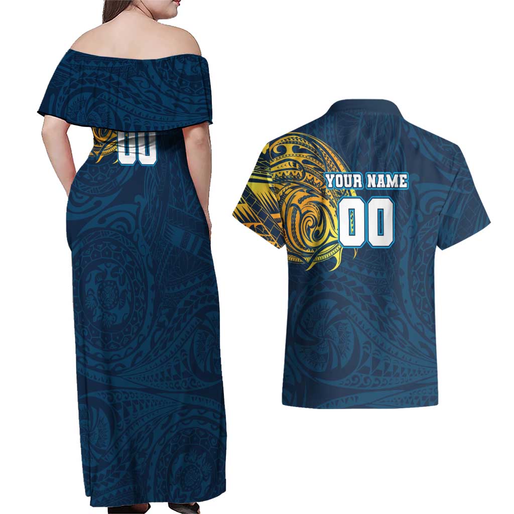 Personalized Gold Coast Titans Couples Matching Off Shoulder Maxi Dress and Hawaiian Shirt Polynesian Tribal Chest and Sleeve Tattoo