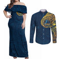 Personalized Gold Coast Titans Couples Matching Off Shoulder Maxi Dress and Long Sleeve Button Shirt Polynesian Tribal Chest and Sleeve Tattoo