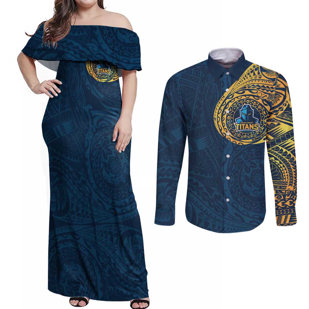 Personalized Gold Coast Titans Couples Matching Off Shoulder Maxi Dress and Long Sleeve Button Shirt Polynesian Tribal Chest and Sleeve Tattoo
