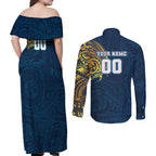Personalized Gold Coast Titans Couples Matching Off Shoulder Maxi Dress and Long Sleeve Button Shirt Polynesian Tribal Chest and Sleeve Tattoo