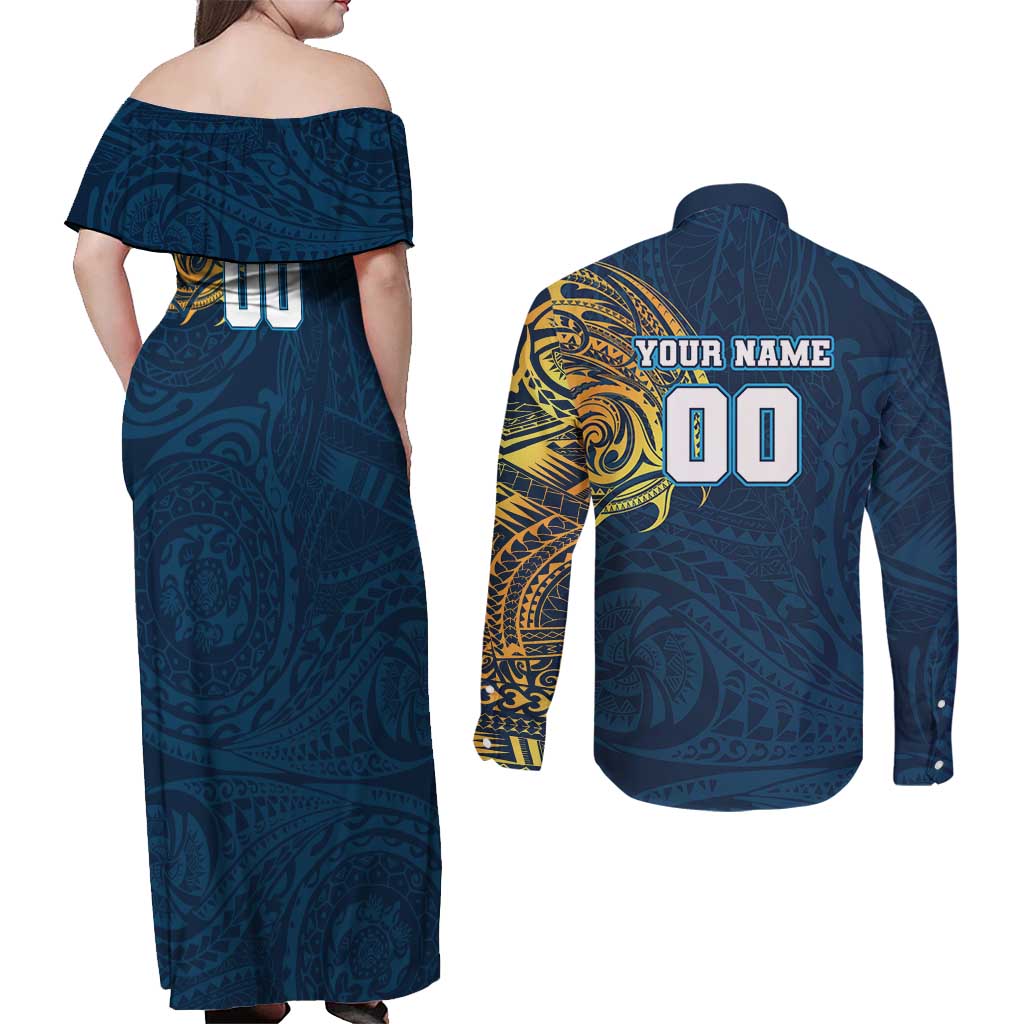 Personalized Gold Coast Titans Couples Matching Off Shoulder Maxi Dress and Long Sleeve Button Shirt Polynesian Tribal Chest and Sleeve Tattoo