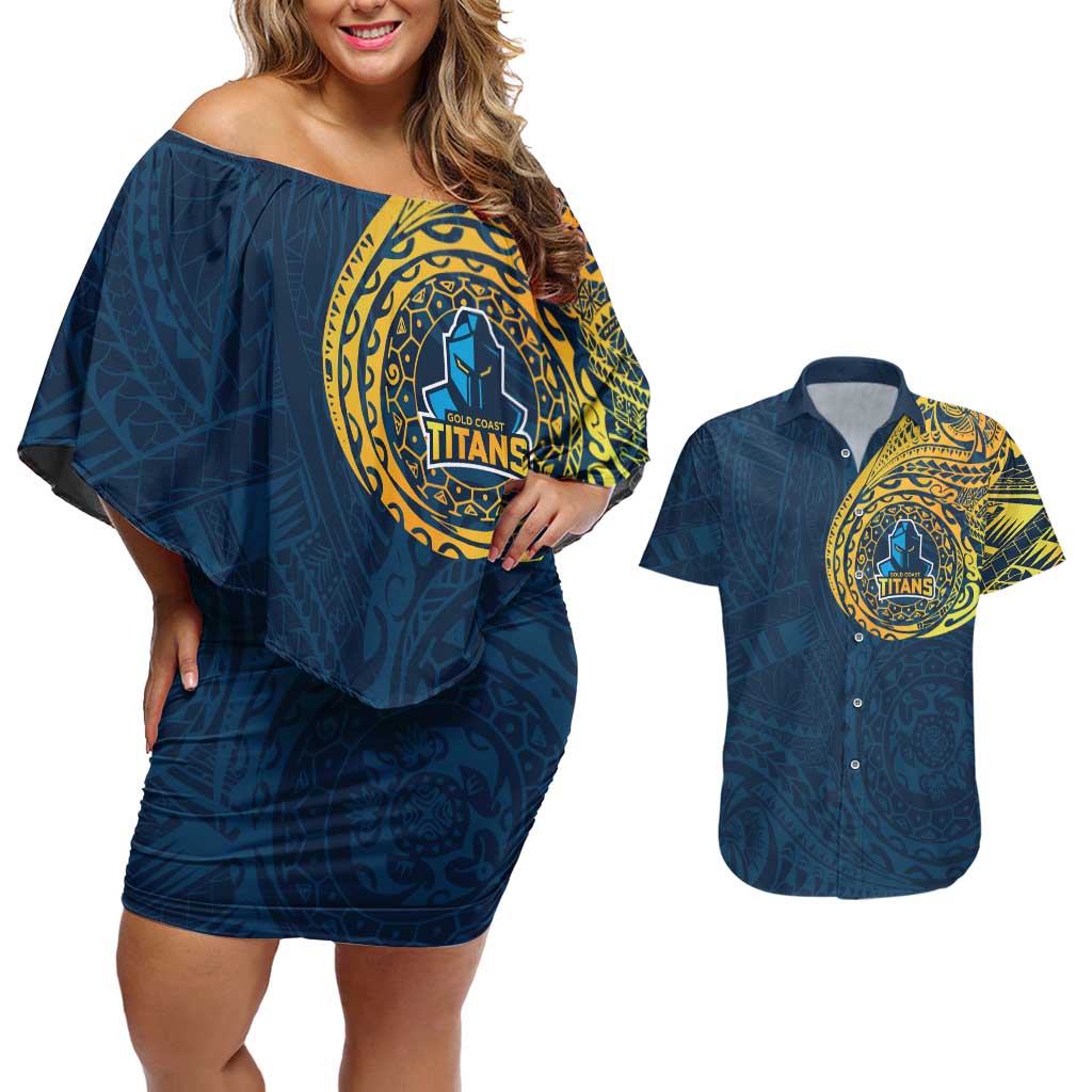 Personalized Gold Coast Titans Couples Matching Off Shoulder Short Dress and Hawaiian Shirt Polynesian Tribal Chest and Sleeve Tattoo