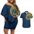 Personalized Gold Coast Titans Couples Matching Off Shoulder Short Dress and Hawaiian Shirt Polynesian Tribal Chest and Sleeve Tattoo