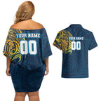 Personalized Gold Coast Titans Couples Matching Off Shoulder Short Dress and Hawaiian Shirt Polynesian Tribal Chest and Sleeve Tattoo