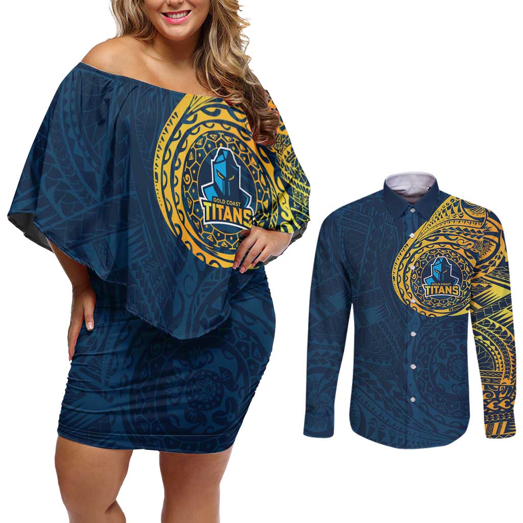 Personalized Gold Coast Titans Couples Matching Off Shoulder Short Dress and Long Sleeve Button Shirt Polynesian Tribal Chest and Sleeve Tattoo