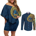 Personalized Gold Coast Titans Couples Matching Off Shoulder Short Dress and Long Sleeve Button Shirt Polynesian Tribal Chest and Sleeve Tattoo