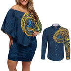 Personalized Gold Coast Titans Couples Matching Off Shoulder Short Dress and Long Sleeve Button Shirt Polynesian Tribal Chest and Sleeve Tattoo