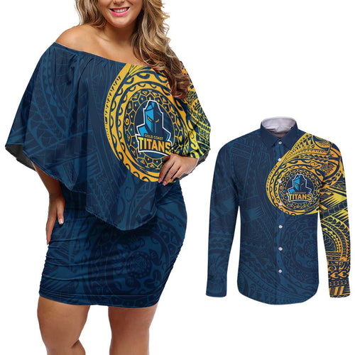 Personalized Gold Coast Titans Couples Matching Off Shoulder Short Dress and Long Sleeve Button Shirt Polynesian Tribal Chest and Sleeve Tattoo