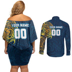 Personalized Gold Coast Titans Couples Matching Off Shoulder Short Dress and Long Sleeve Button Shirt Polynesian Tribal Chest and Sleeve Tattoo