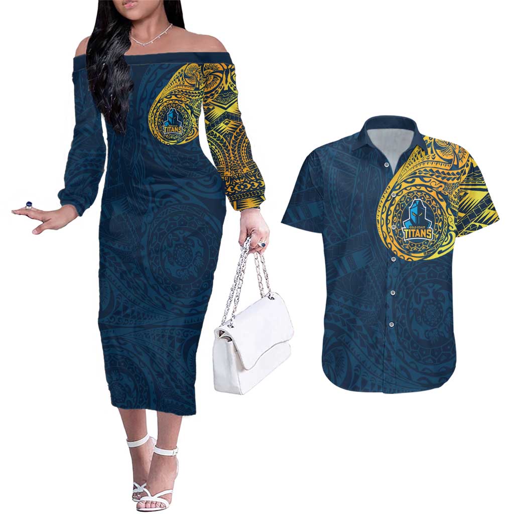 Personalized Gold Coast Titans Couples Matching Off The Shoulder Long Sleeve Dress and Hawaiian Shirt Polynesian Tribal Chest and Sleeve Tattoo