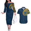 Personalized Gold Coast Titans Couples Matching Off The Shoulder Long Sleeve Dress and Hawaiian Shirt Polynesian Tribal Chest and Sleeve Tattoo