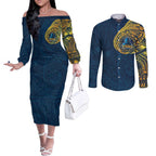 Personalized Gold Coast Titans Couples Matching Off The Shoulder Long Sleeve Dress and Long Sleeve Button Shirt Polynesian Tribal Chest and Sleeve Tattoo
