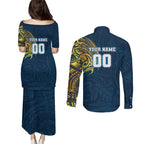 Personalized Gold Coast Titans Couples Matching Puletasi and Long Sleeve Button Shirt Polynesian Tribal Chest and Sleeve Tattoo