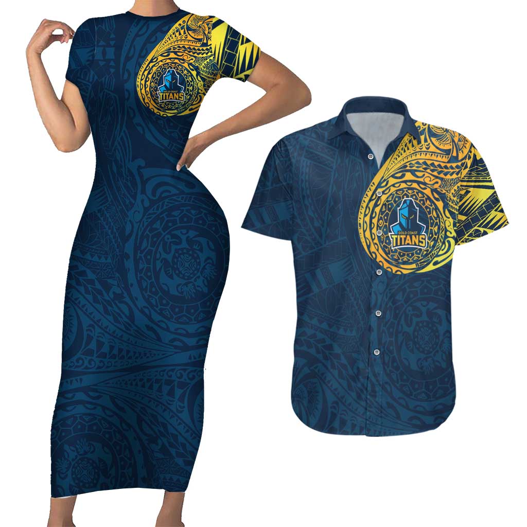 Personalized Gold Coast Titans Couples Matching Short Sleeve Bodycon Dress and Hawaiian Shirt Polynesian Tribal Chest and Sleeve Tattoo