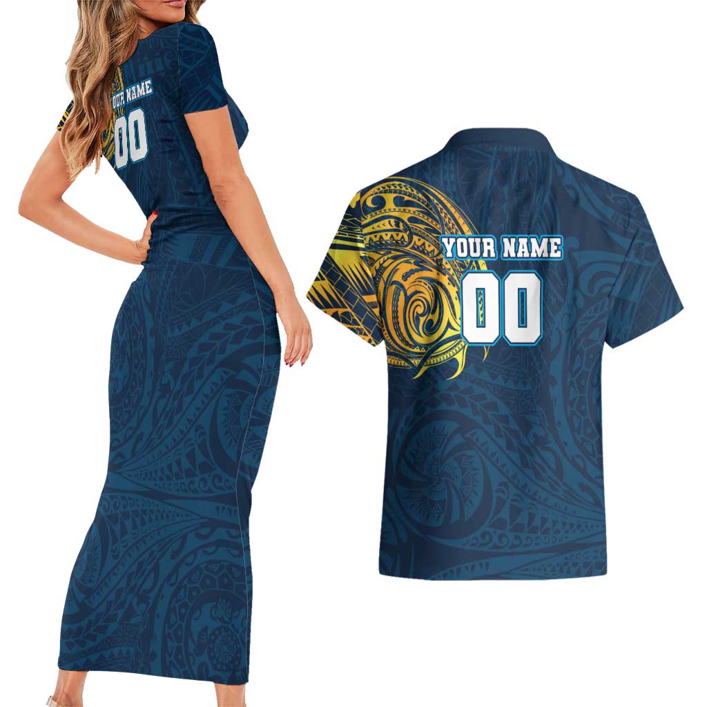 Personalized Gold Coast Titans Couples Matching Short Sleeve Bodycon Dress and Hawaiian Shirt Polynesian Tribal Chest and Sleeve Tattoo