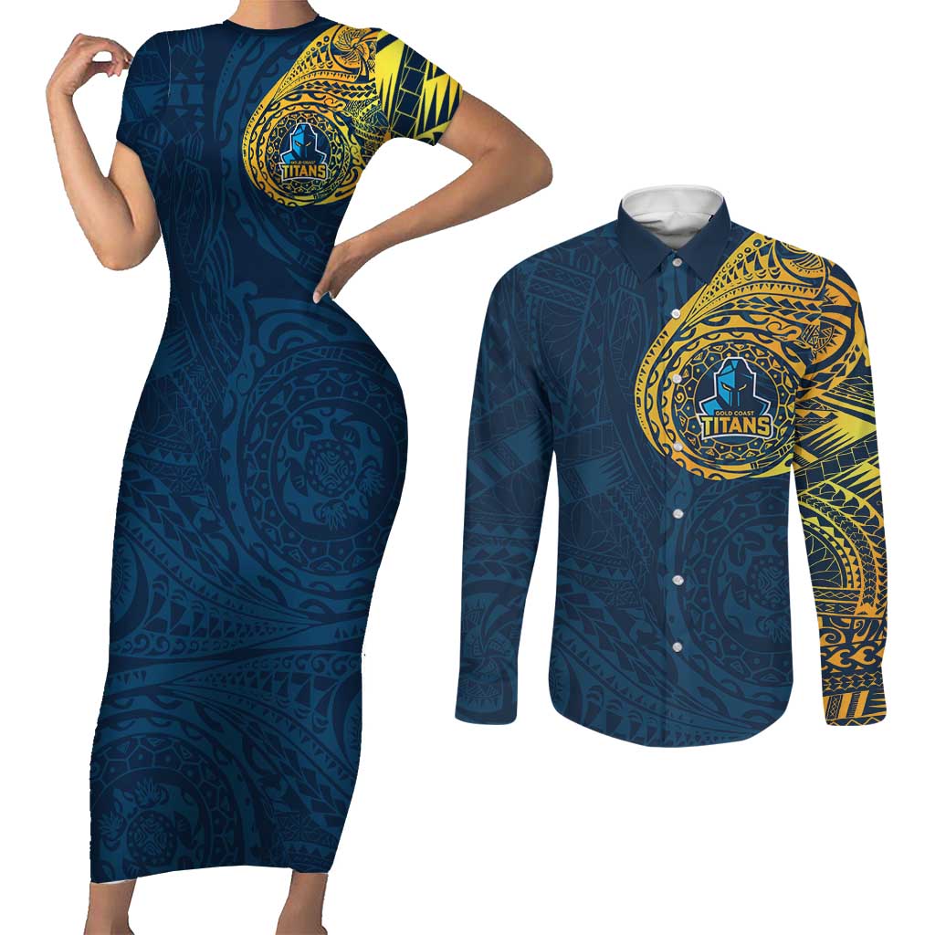 Personalized Gold Coast Titans Couples Matching Short Sleeve Bodycon Dress and Long Sleeve Button Shirt Polynesian Tribal Chest and Sleeve Tattoo