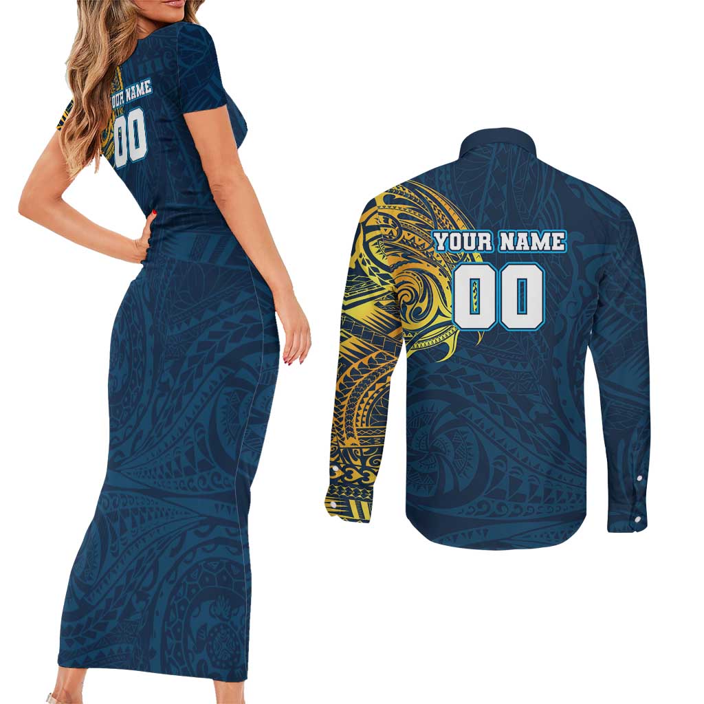Personalized Gold Coast Titans Couples Matching Short Sleeve Bodycon Dress and Long Sleeve Button Shirt Polynesian Tribal Chest and Sleeve Tattoo